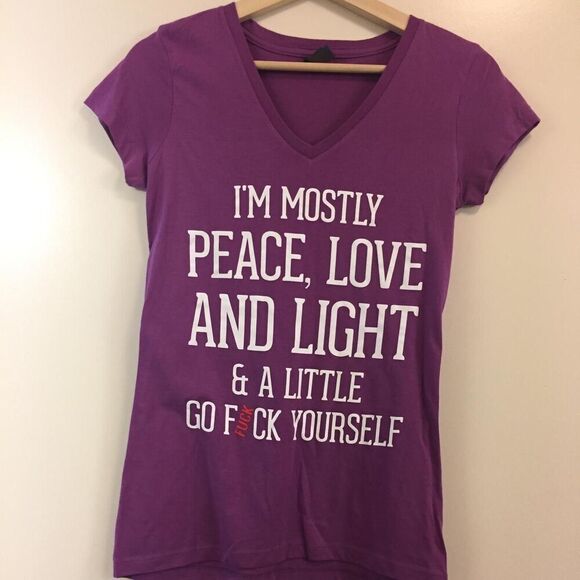 I'm Mostly Peace, Love and Light Women's V-neck T-shirt size Small - Picture 1 of 1